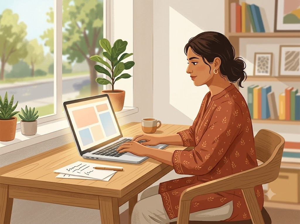 Illustration of a woman using a laptop to submit an online loan settlement or recovery complaint from home in India.