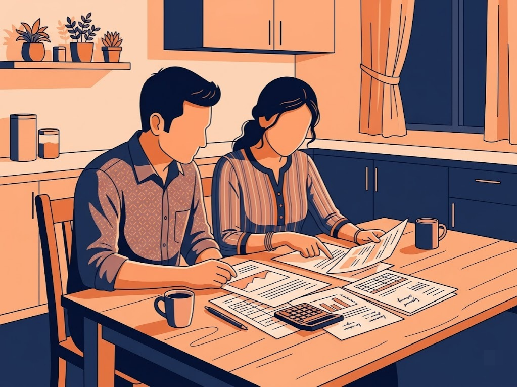 Indian couple reviewing multiple loan EMIs to plan debt consolidation.