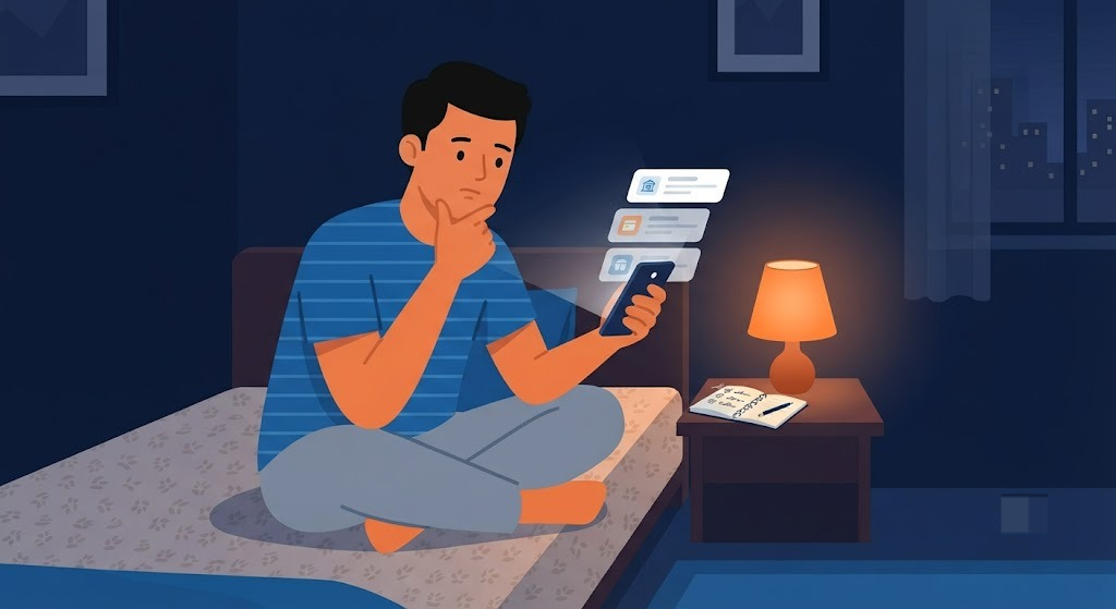 Indian man reviewing instant loan app dues on his phone while planning payday loan settlement at home