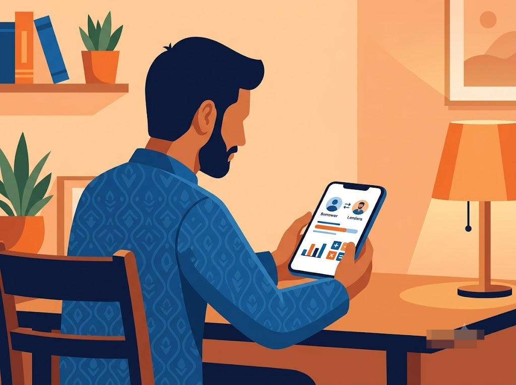 Indian borrower reviewing a peer-to-peer lending app on a smartphone to understand p2p loans