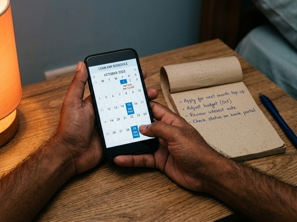 Person checking a loan payment schedule on a smartphone beside a notebook with financial reminders on a wooden desk.