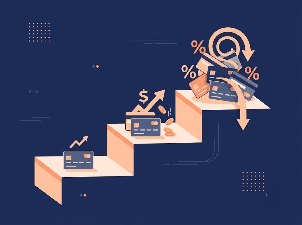 Three-stage staircase graphic showing revolving credit debt spiral stages