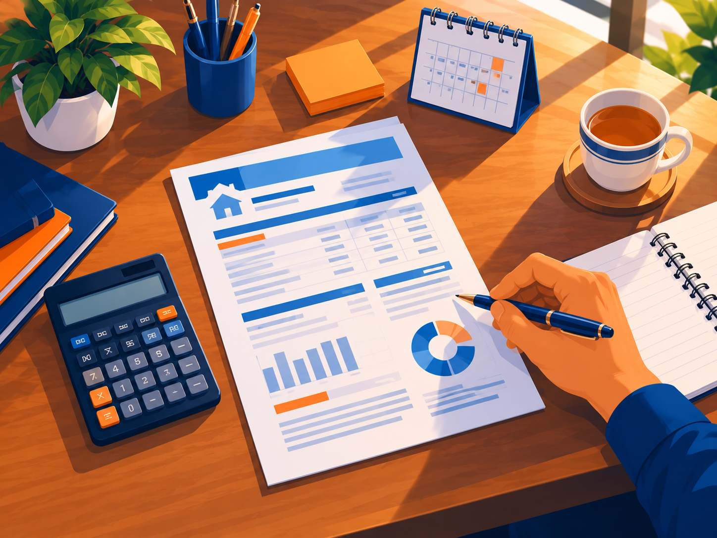 Flat illustration of an Indian borrower checking a loan statement and calculator, for personal loan foreclosure charges.