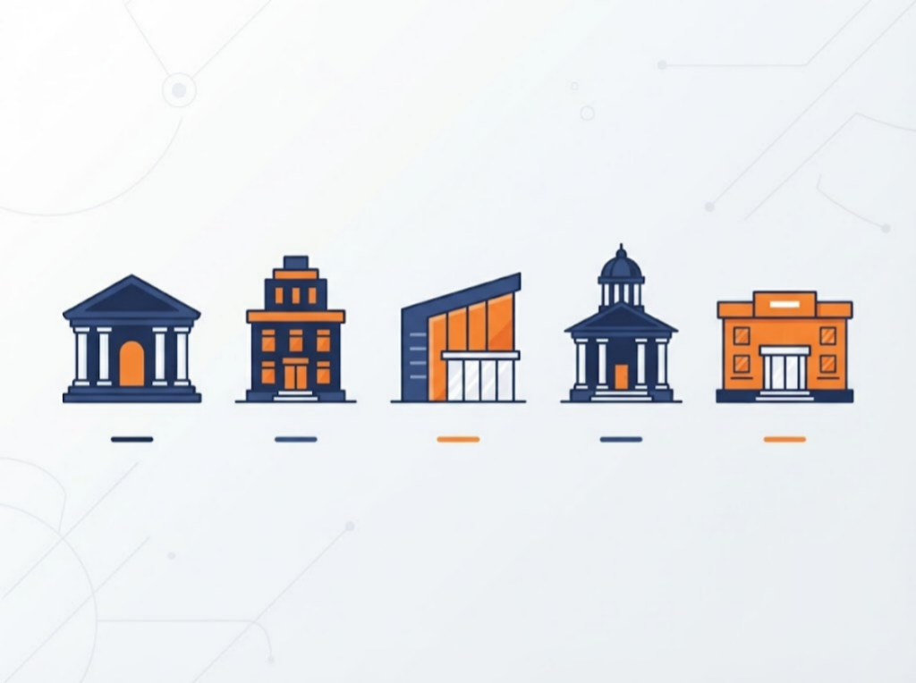 Row of bank building icons representing comparison of personal loan lenders