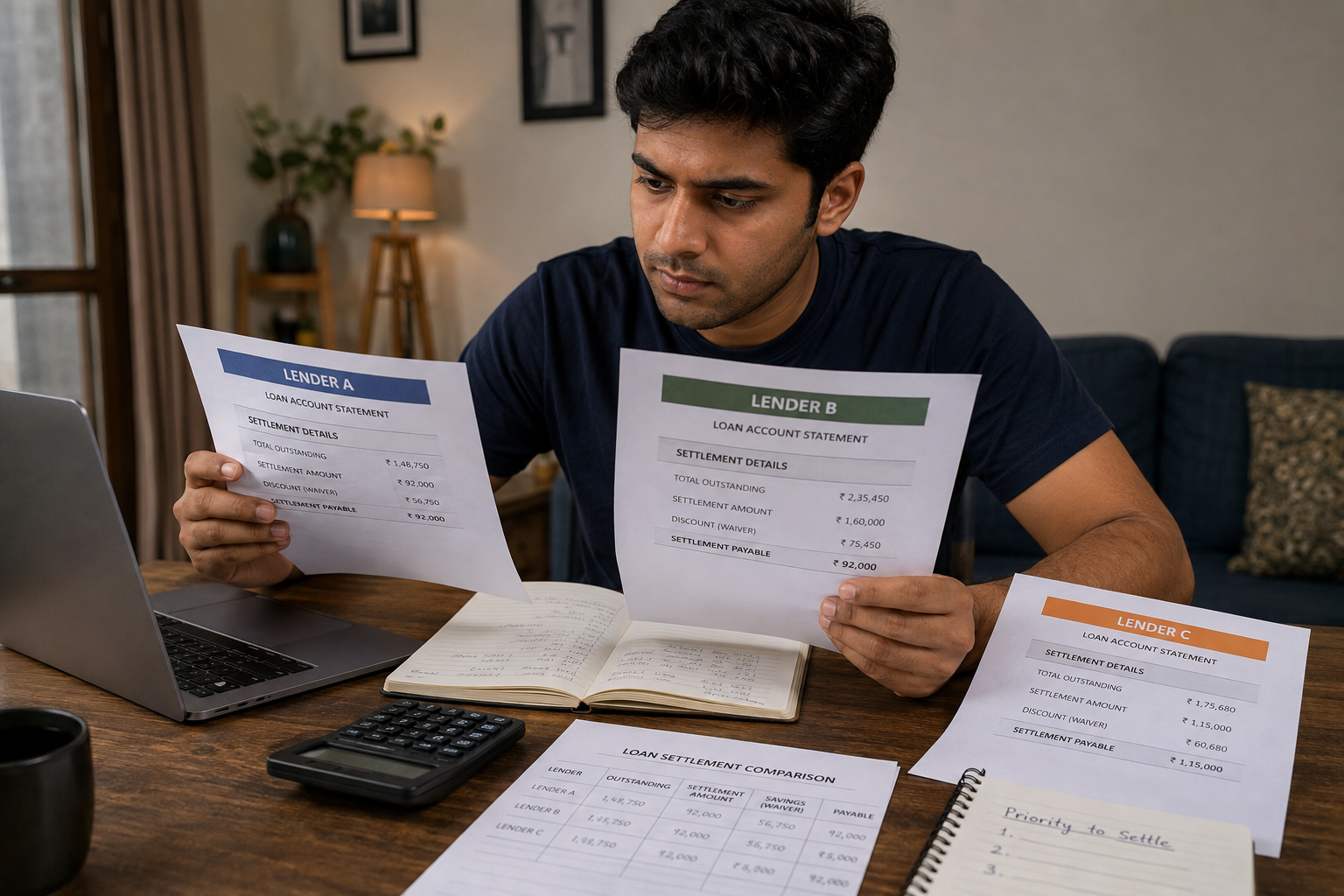 Indian man reviewing multiple loan statements from different lenders at home, unsecured personal loan companies settlement