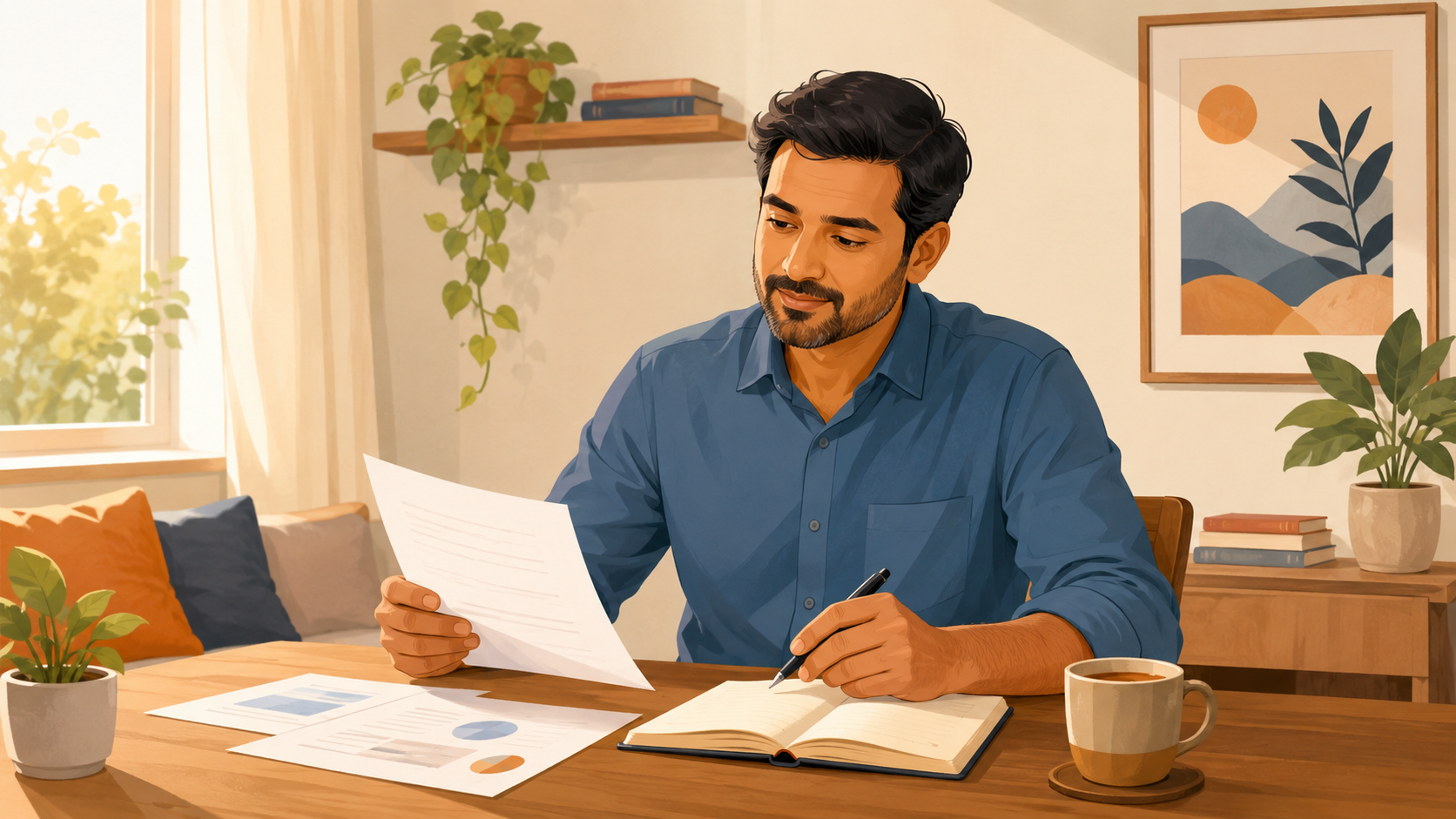 Indian man calmly reviewing papers and writing notes at a warm home desk, symbolizing careful planning and clarity during personal loan settlement negotiation.