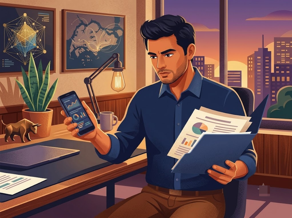 Indian professional comparing a personal credit report against a business document
