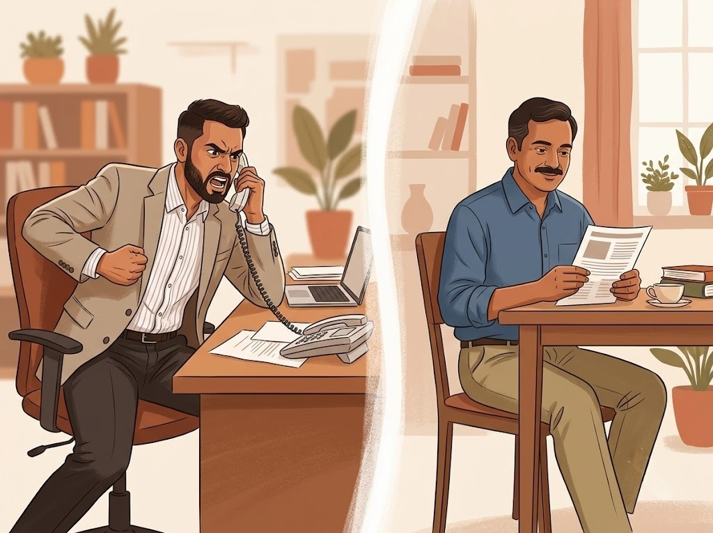 Split illustration showing an aggressive recovery agent on a phone call contrasted with a borrower calmly reviewing loan documents, representing borrower rights against recovery harassment.