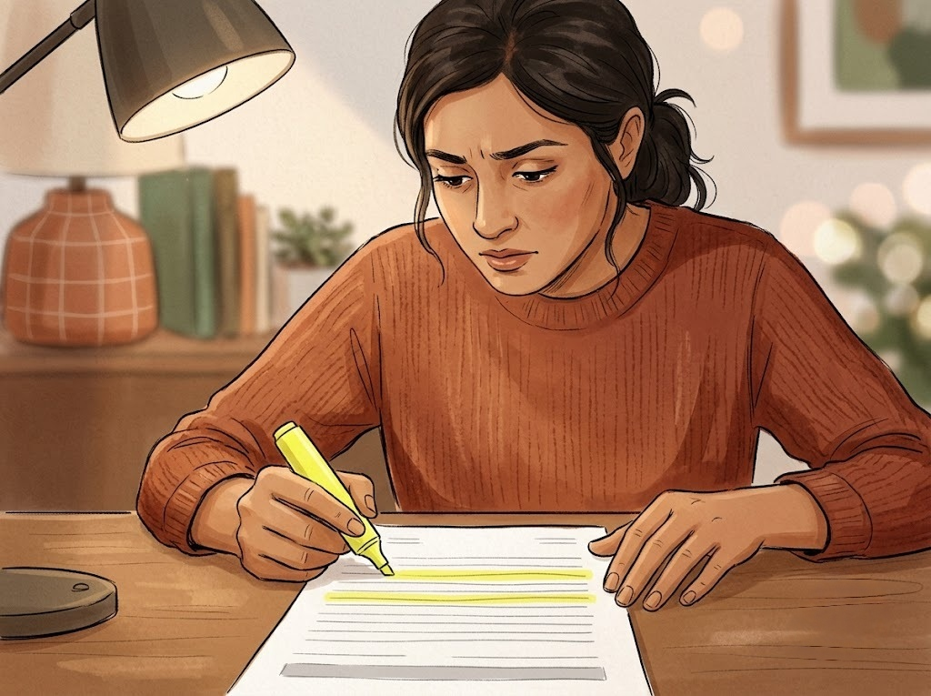 Woman carefully reviewing and highlighting financial documents, representing loan document verification, financial review, and application accuracy before submission.