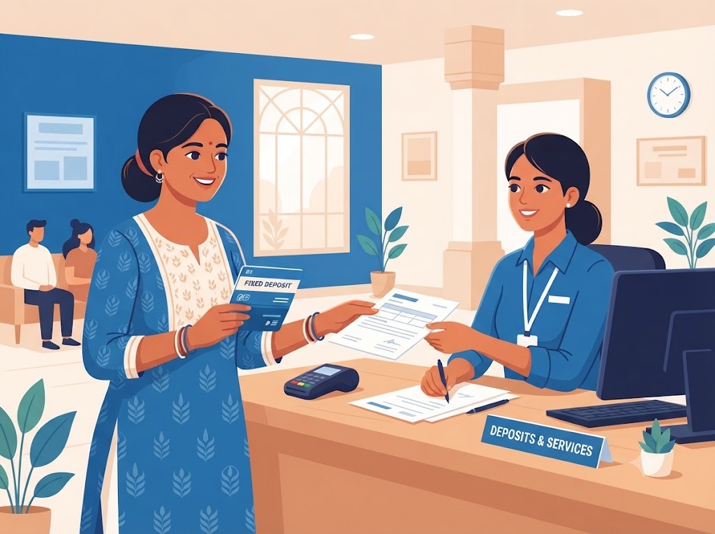 Indian woman at bank counter opening fixed deposit for secured credit card