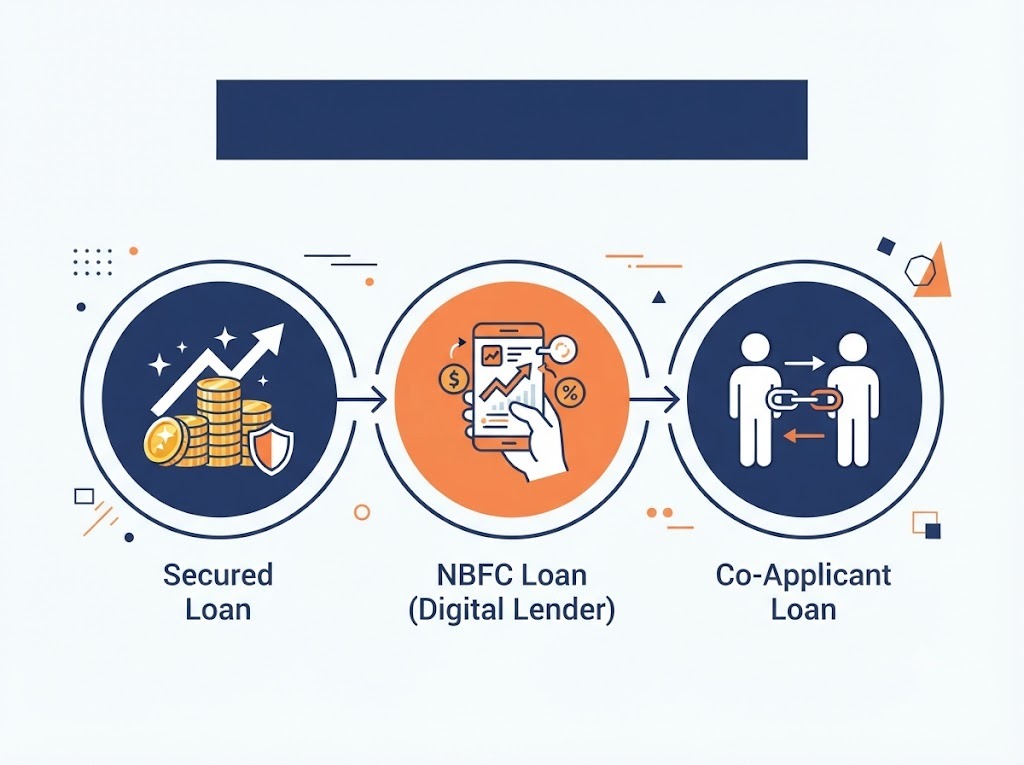 Comparison icons showing secured loan, NBFC loan, and co-applicant loan options for poor credit
