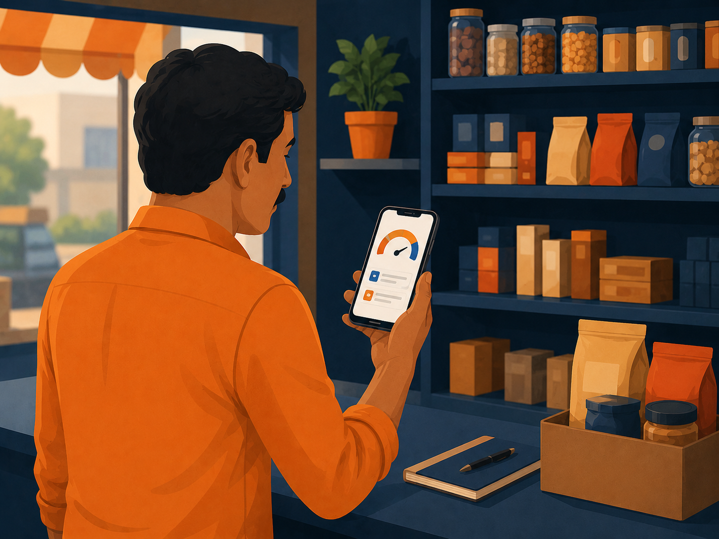 Self-employed Indian shopkeeper checking personal loan options with low CIBIL score