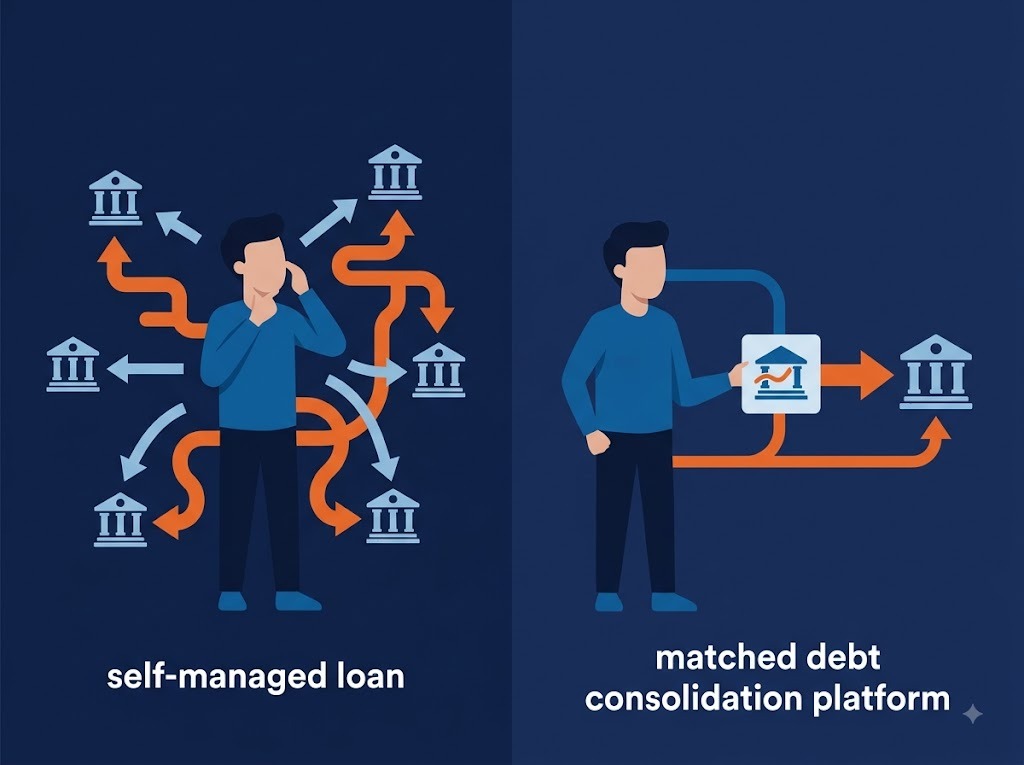 Indian borrower comparing two paths: self-managed loan versus matched debt consolidation platform