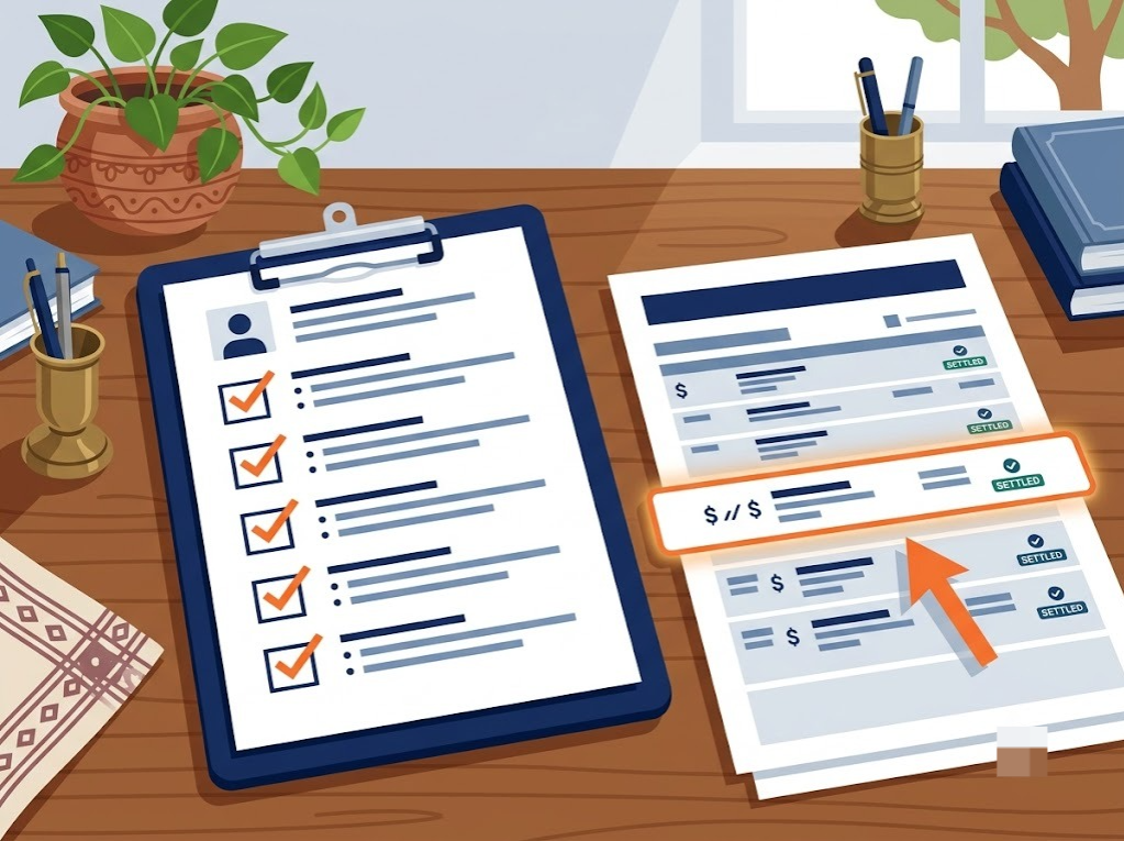 Checklist for reviewing a settled account on a credit report to improve CIBIL score after settlement