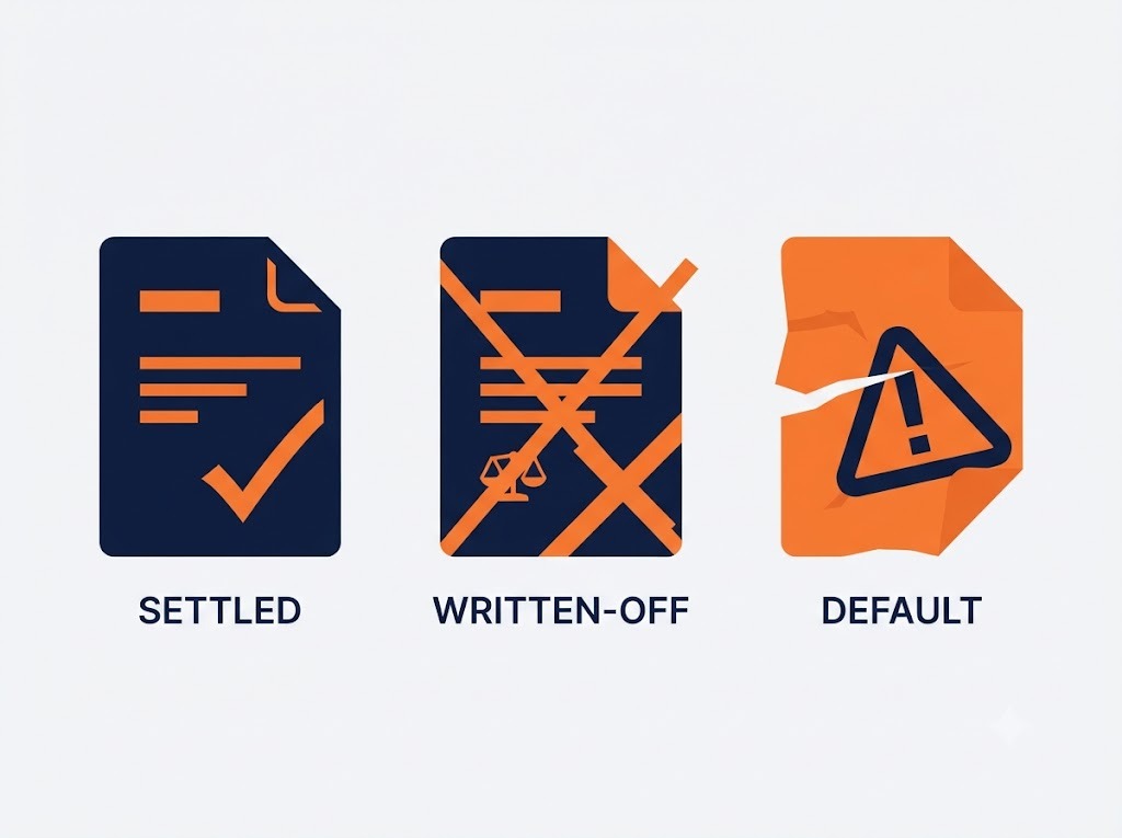 Illustration comparing settled, written-off, and default CIBIL status