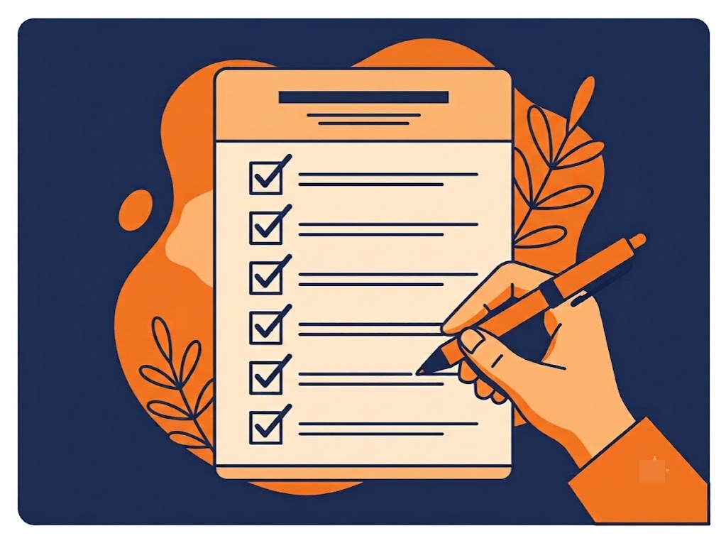 Simple checklist card with seven checkmarks being ticked off by a hand holding a pen.