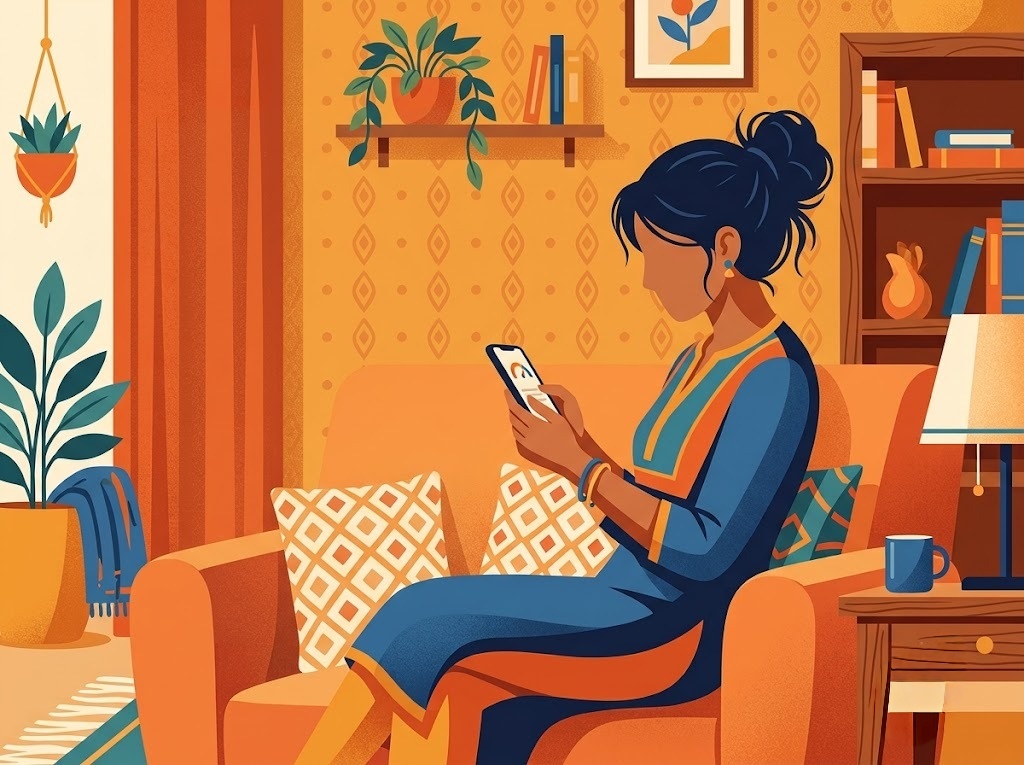 Indian woman viewing credit health dashboard, highlighting factors impacting her score