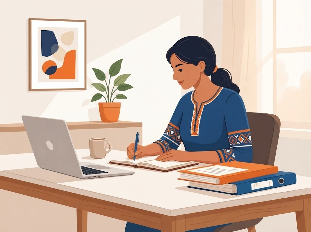 Woman filling out loan application details on a notebook while using a laptop for online loan processing.