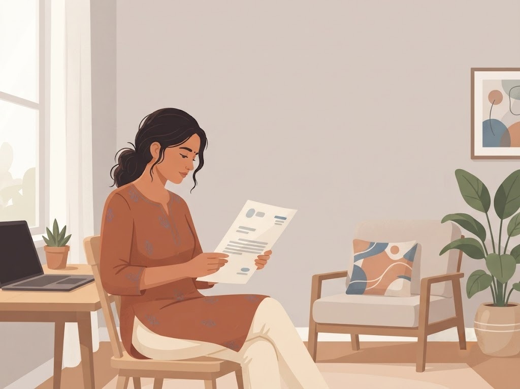 Woman reviewing loan documents at home before applying for a personal loan using a laptop.