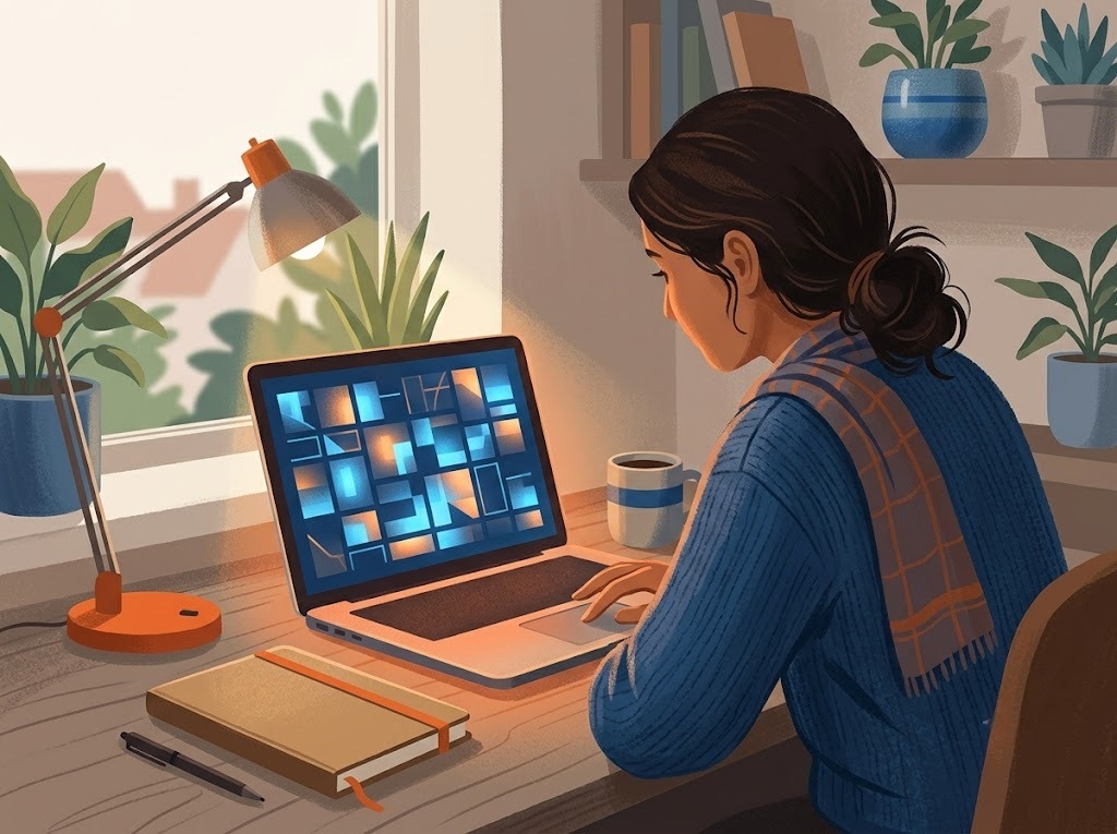 Indian borrower reviewing personal loan balance transfer fee sheet on a laptop, careful and focused expression, calm home office, warm light, FREED brand colors