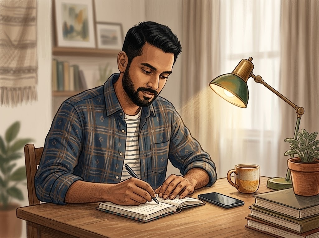 Indian borrower calmly writing call log notes after receiving HDFC recovery agent call — staying composed and documenting