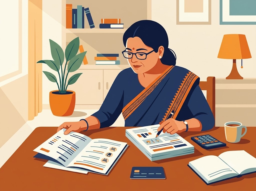 Indian person reviewing Yes Bank credit card settlement documents at home