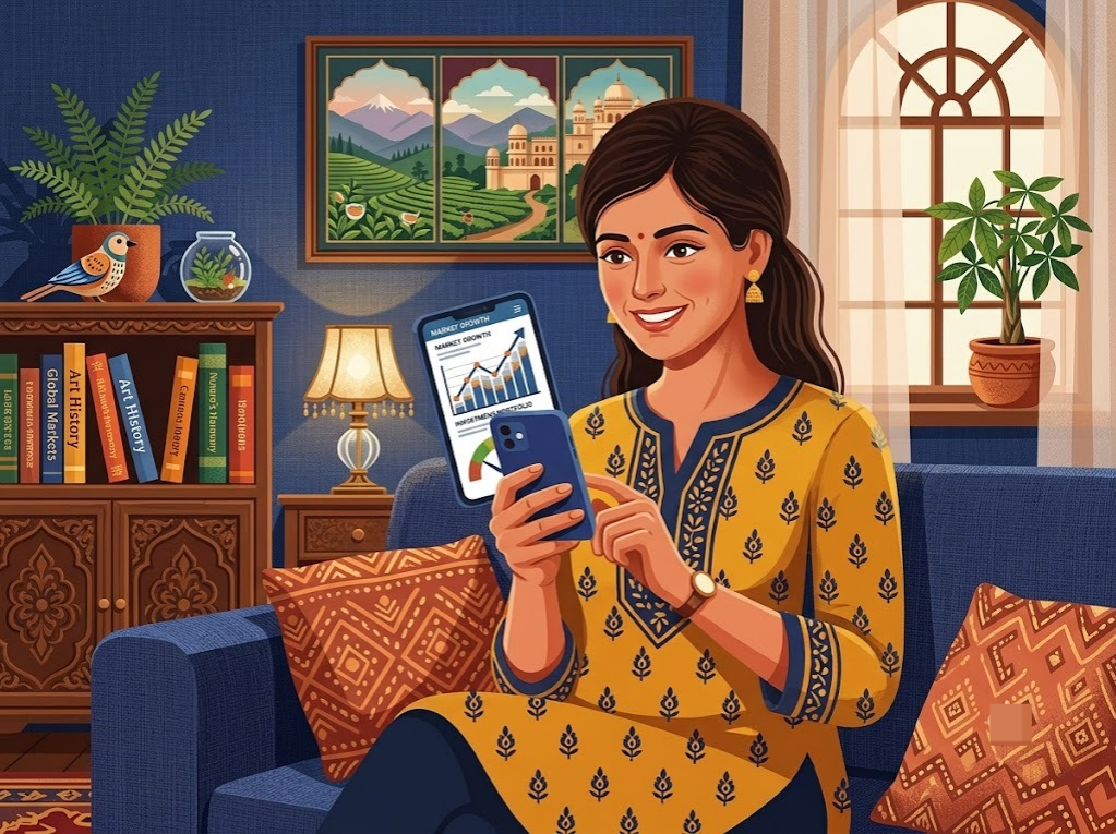 Young Indian person checking rising CIBIL score on phone after mobile EMI repayment
