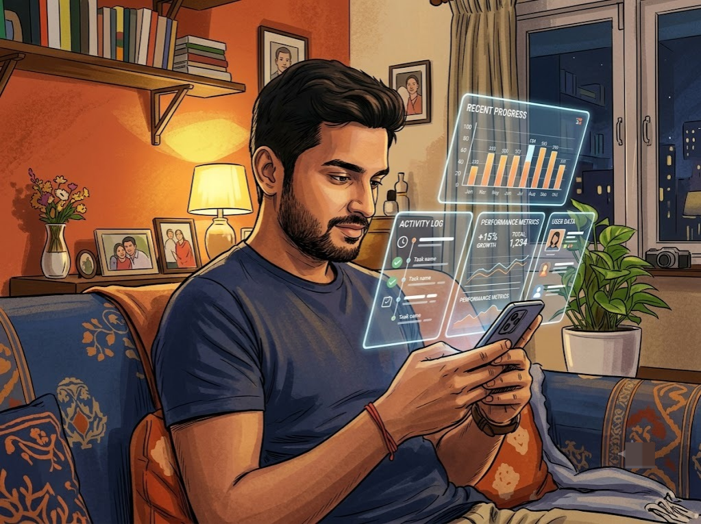 Indian person in their late 20s looking at a mobile phone showing a simple credit report screen