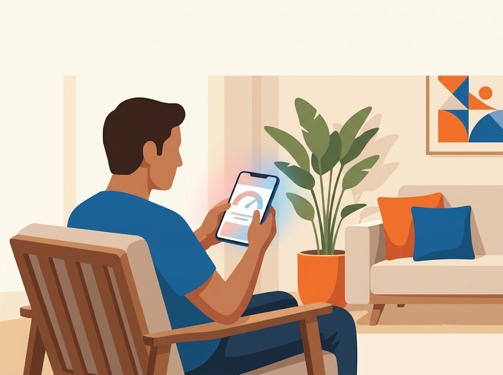 Young man sitting in a living room while checking information on a smartphone with a dashboard displayed on the screen.