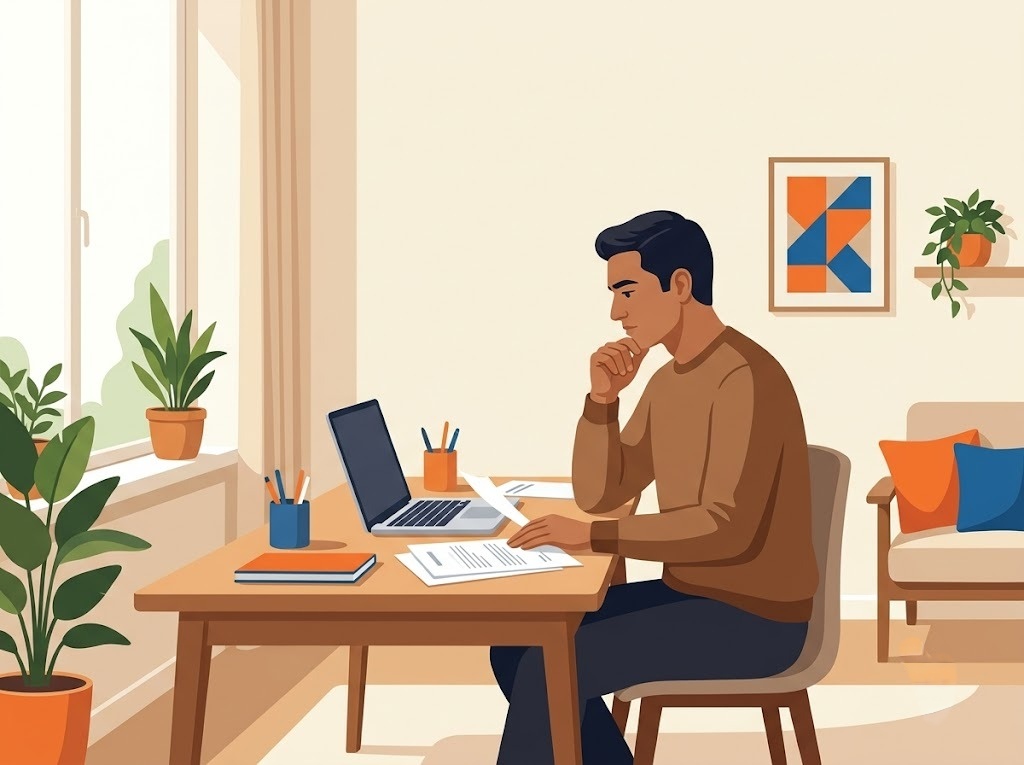Young man reviewing printed documents while working on a laptop at a bright and organized home desk.