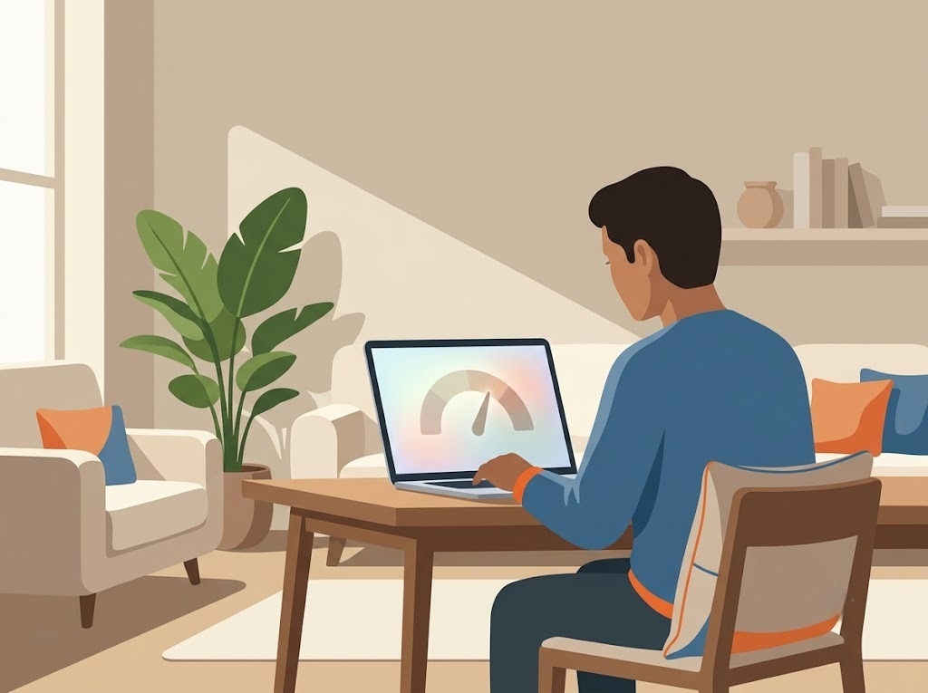 Young man using a laptop to view a performance dashboard while sitting in a bright and modern living room with indoor plants.