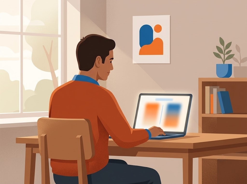 Indian man comparing wilful defaulter and genuine defaulter consequences on a laptop, calm home setting, warm light, no text in image, FREED brand colors