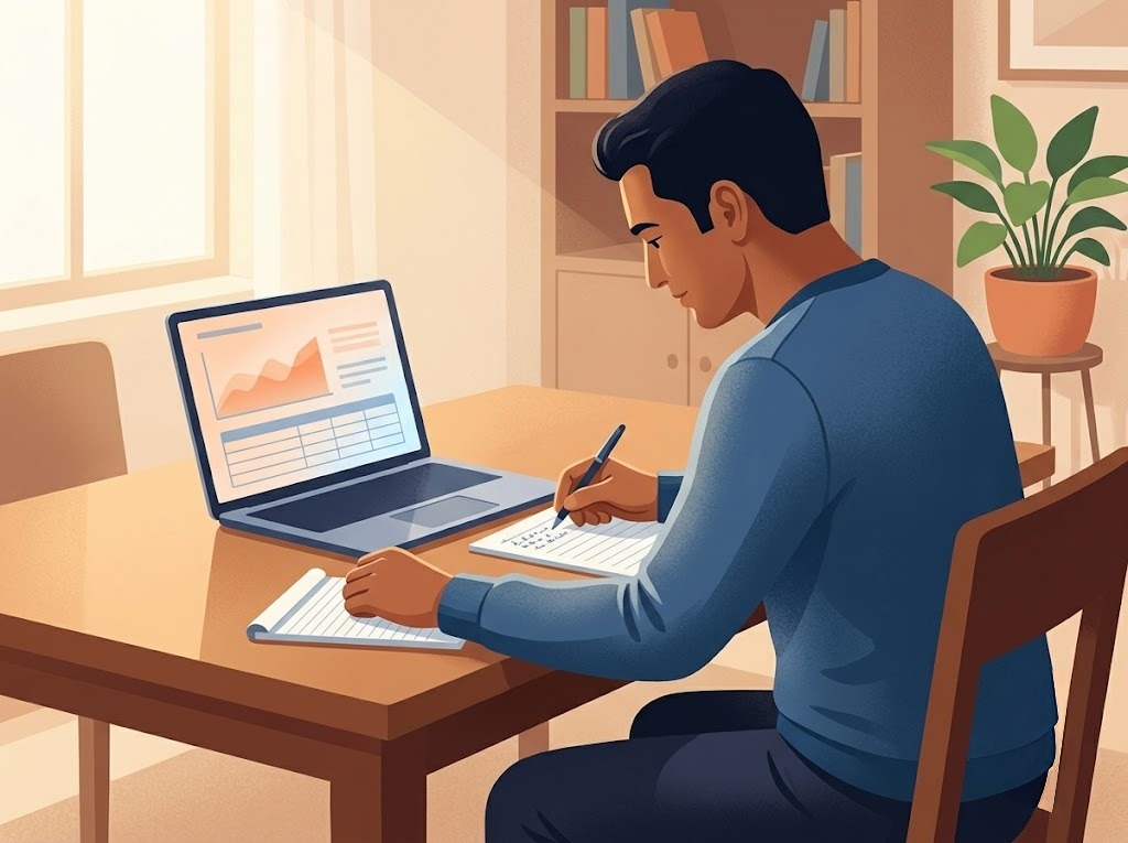 Indian borrower calculating personal loan balance transfer savings on paper, comparing interest rates, warm home setting, no text in image, FREED brand orange and blue tones