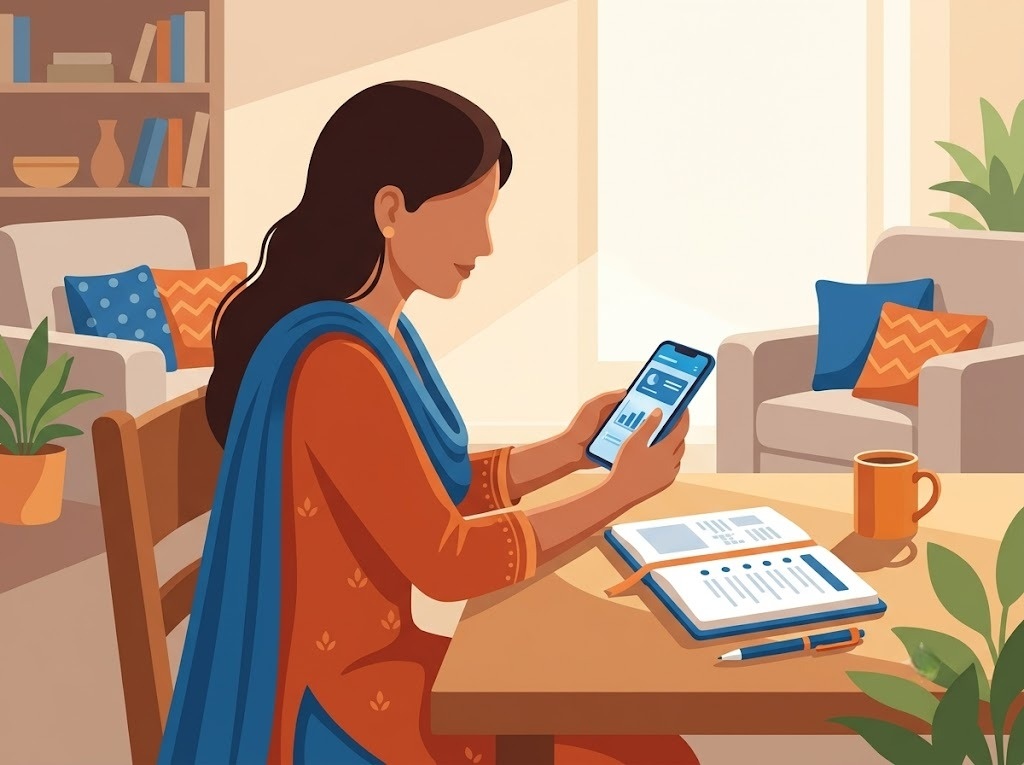 Young woman checking information on a smartphone while sitting at a table with an open notebook and coffee mug in a cozy home setting.