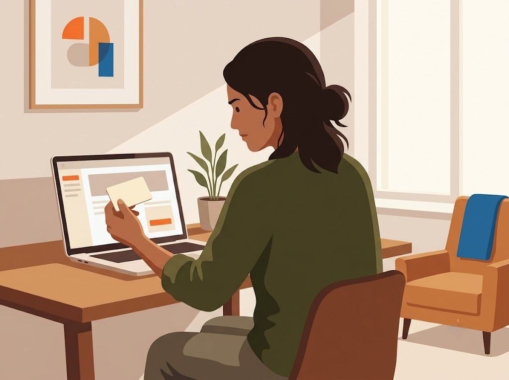 Young woman holding a payment card while using a laptop for online shopping in a bright and modern home workspace.
