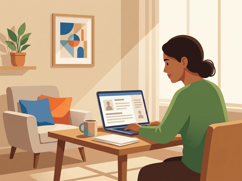 Young woman using a laptop at a home desk with a notebook and coffee mug in a bright and comfortable living room.