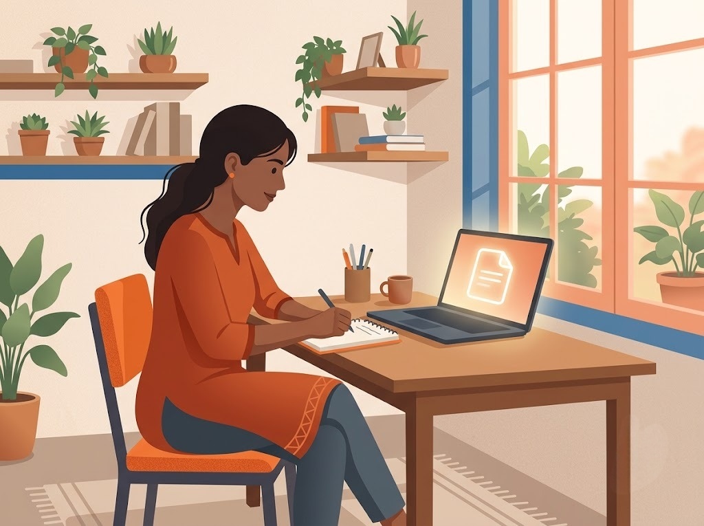 Indian borrower writing documentation for bank communication to avoid wilful defaulter classification, focused and calm, warm home setting, FREED brand colors