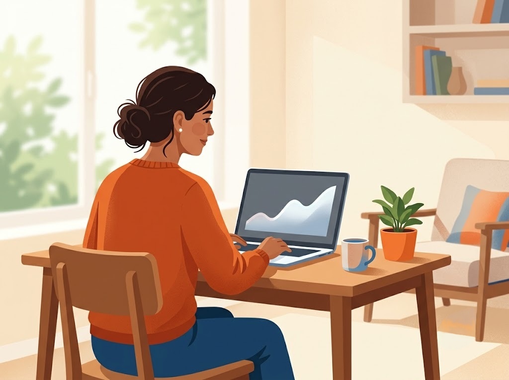 Indian woman reviewing her CIBIL score on a laptop with an upward trend shown, planning loan options for low credit score, warm home setting, no text in image